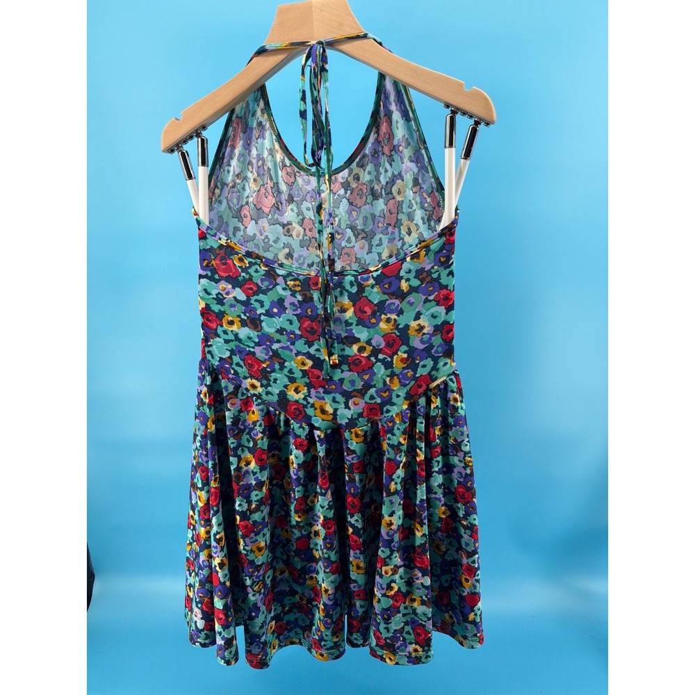 Vintage Style Floral Halter Mini Dress Teal Multicolor Fit and Flare Summer S - Picture 2 of 4